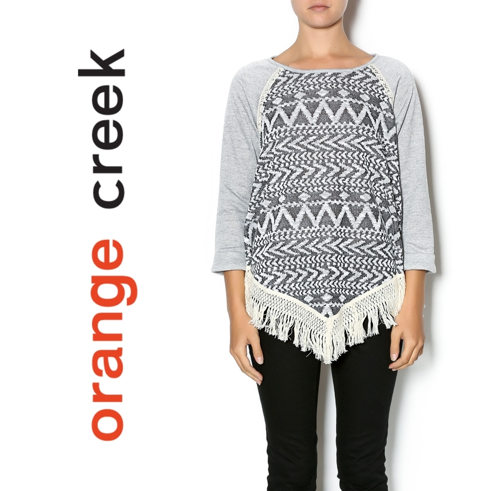 Orange Creek Aztec Print Fringe Hem 3/4 Roll Sleeve Sweater Blouse Size Medium